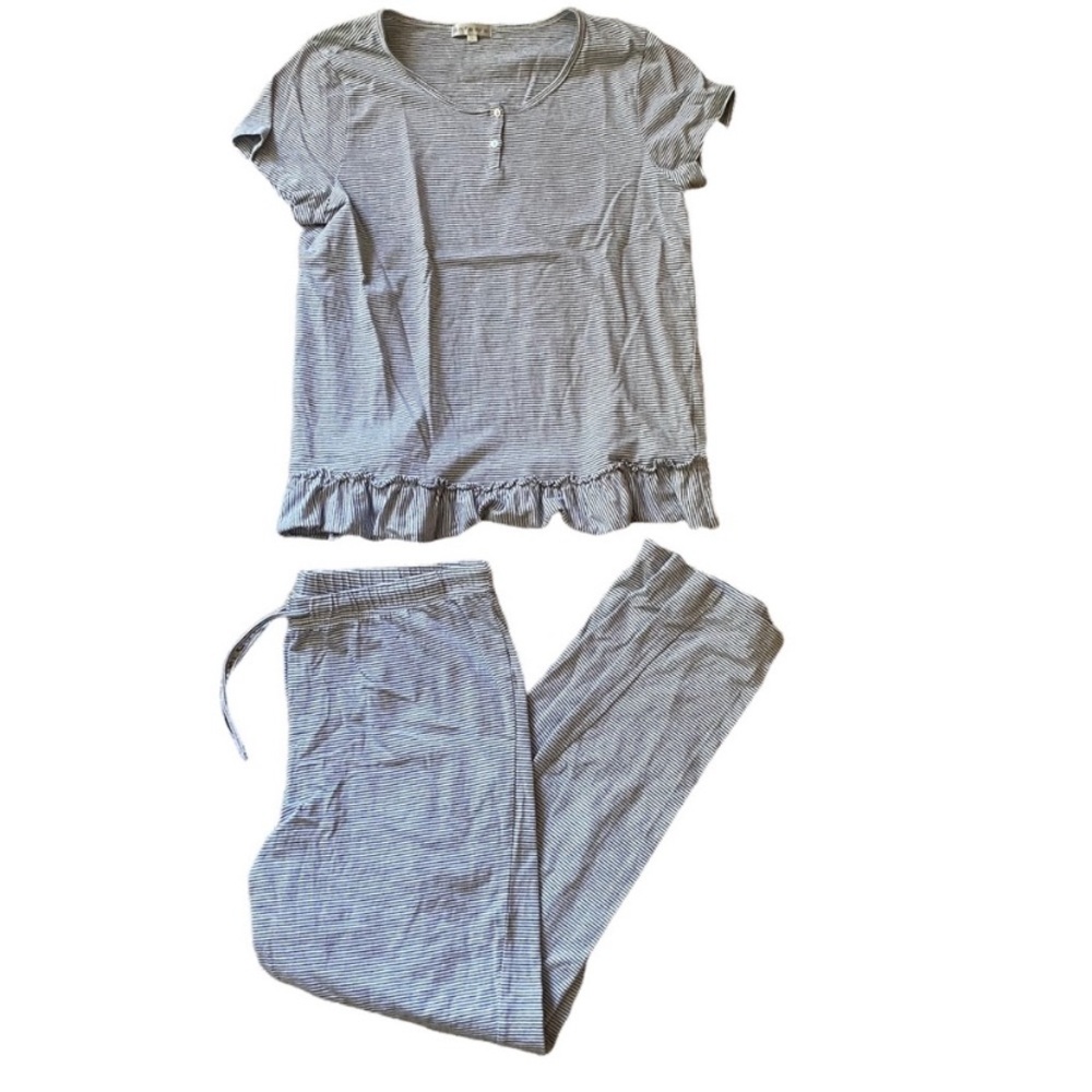 Anthropologie Enfasis Blue White cotton Stripe Capri Pajama Set Medium N…